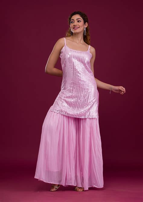 Buy Pink Sequins Georgette Readymade Sharara Suit - Koskii