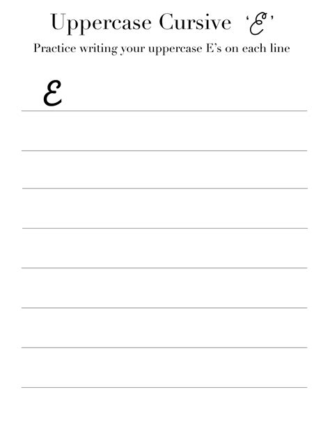 Cursive 'E' worksheets to practice capital, upper and lowercase letter ...
