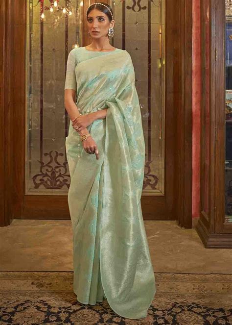 Mint Green Woven Banarasi Silk Saree with Sequins work - Clo