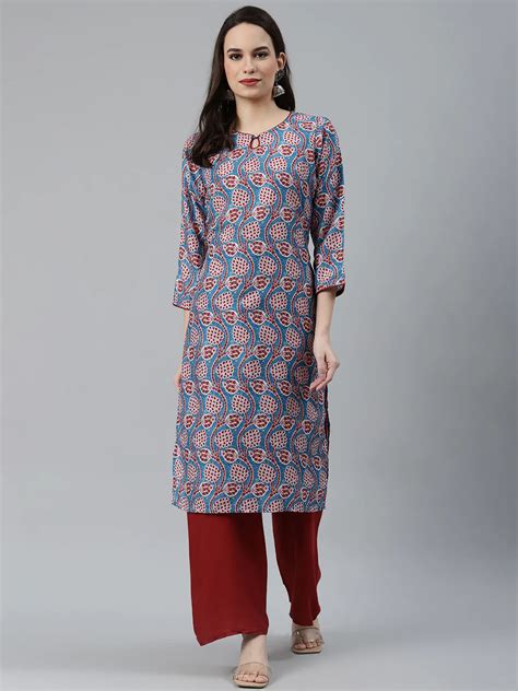 Jompers Women Blue & Red Ethnic Motifs Printed Keyhole Neck Kurta ( JO ...