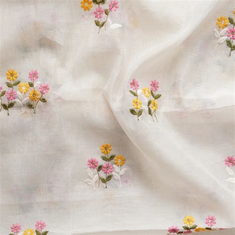 ( PRE-CUT 2.30 METER ) Mul Chanderi Cream With Pink And Yellow Flower ...