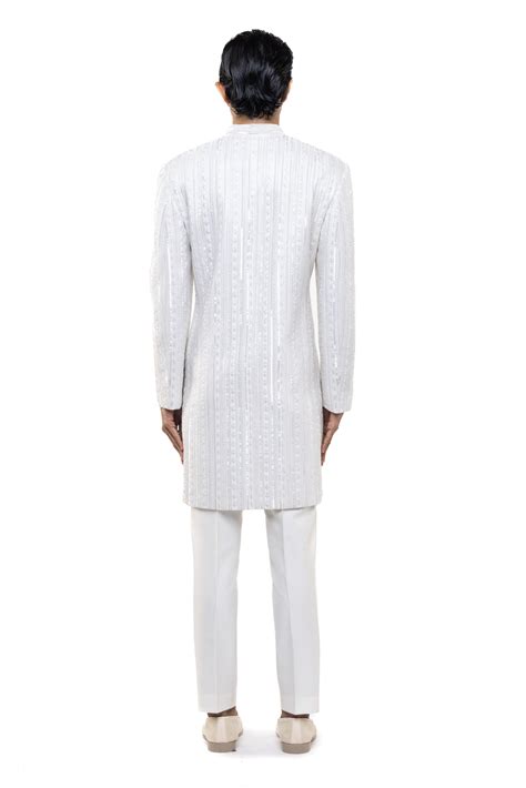 White Silk Stitchline Embellished Sherwani Set - SDS | KUSHAL SHAH