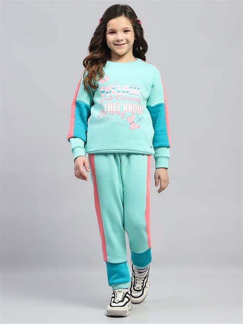 Buy Girls Green Printed Round Neck Full Sleeve Tracksuit Online in ...