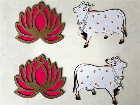 Buy Kavya Fashion Set of 10(10 Cow & 10 Lotus) Lotus & Cow MDF Wooden ...