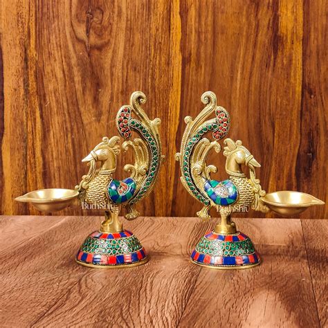 Buy Peacock Brass Oil Lamps | 8 inches Meenakari Stonework 8 ...