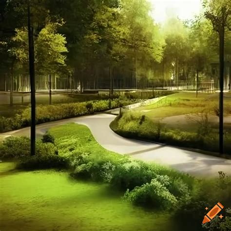 Modern urban park design with green spaces and recreational areas on Craiyon