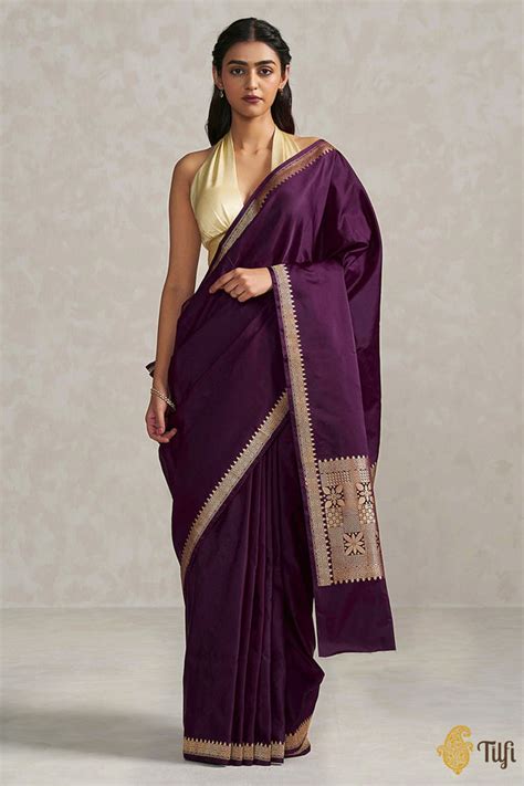 Berry Purple Pure Satin Silk Banarasi Handloom Saree - Tilfi