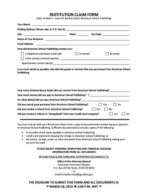 Fillable Online ag idaho American School Restitution Claim Form - Idaho ...