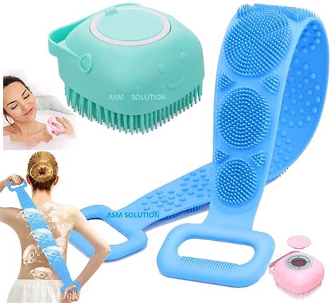 Silicone Body Bath Brush With Soap Dispenser & Back Scrubber Belt With ...
