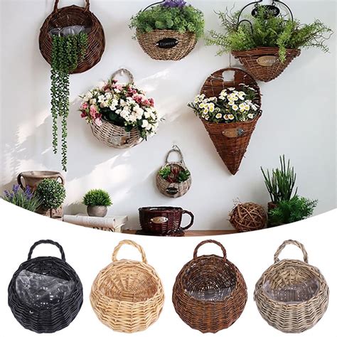 Wall Hanging Rattan Basket Planter Indoor Outdoor Flowerpot S 売れ筋がひ贈り物！