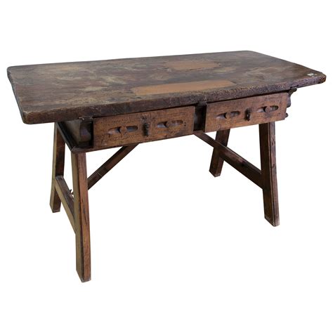 18th Century Spanish Rustic Table with Two Drawers and Original Iron ...