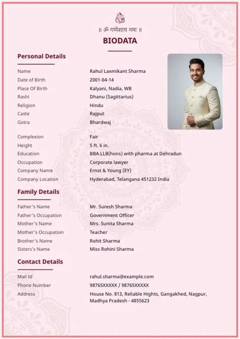 Hindu Marriage Biodata Format - Free Download PDF & Word | Online Maker