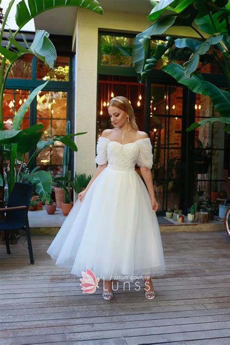 White Pearly Tulle Off-shoulder Ankle-length Bridal Dress - Lunss