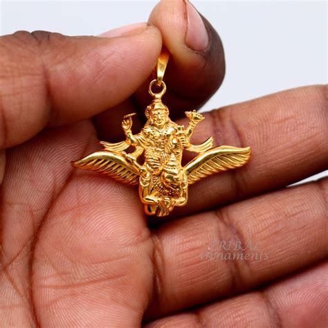 925 sterling silver Hindu idol Lord Vishnu with Garuda gold polished p ...