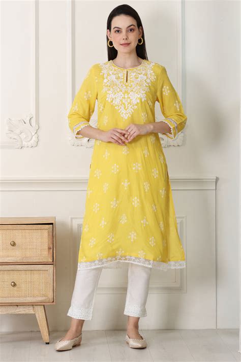 Buy Yellow Floral Printed Dull Shantung Chikankari Straight Kurta ...