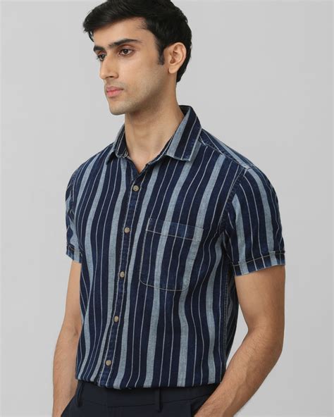 Buy Dark Indigo Blue Denim Stripe Slim Fit Casual Shirt Online at ...
