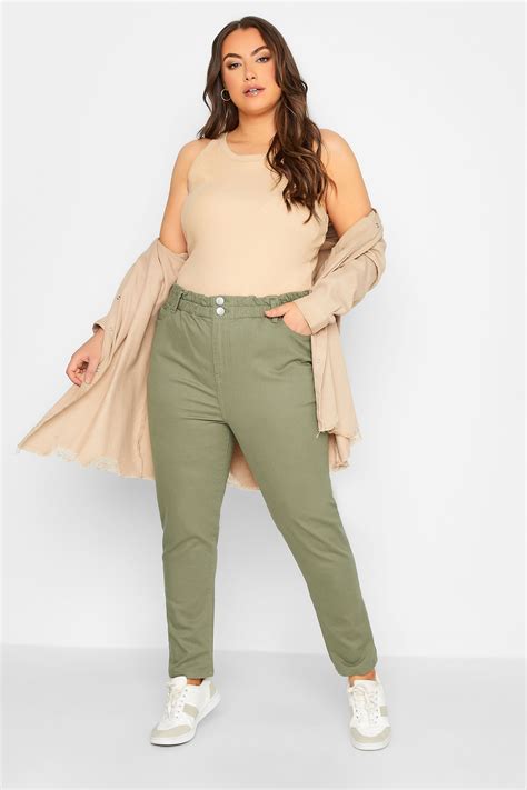 Plus Size Khaki Green Stretch Elasticated Waist MOM Jeans | Yours Clothing