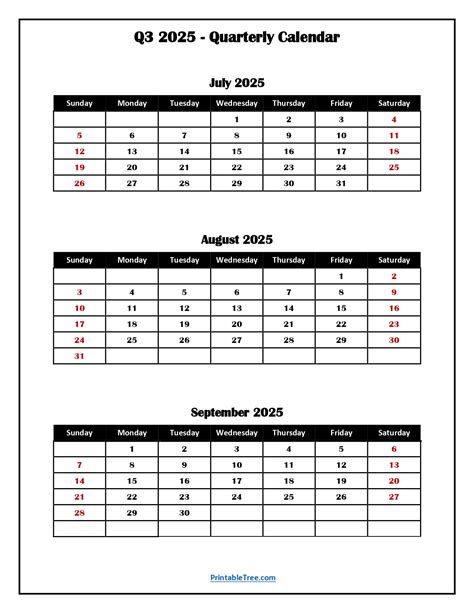 Q3 Quarterly Calendar 2025 Printable PDF Templates