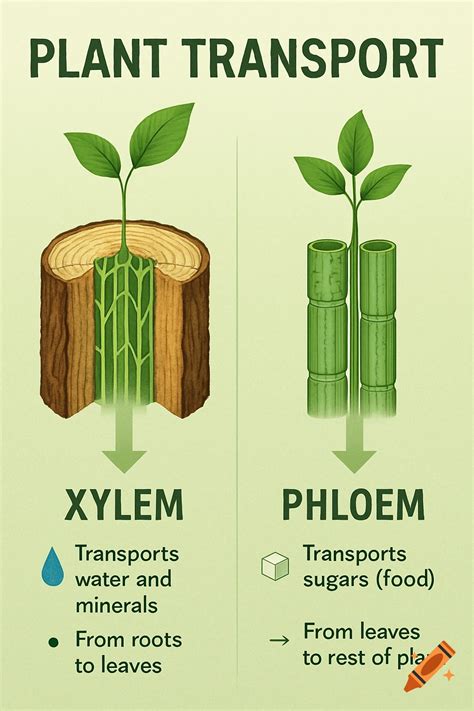 Infographic illustrating plant transport with diagrams of xylem and phloem, showing water and ...