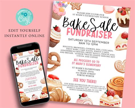 BAKE SALE Social Fundraiser Editable Template, Flyer, Printable PTA ...