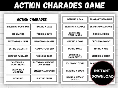 Printable Charades Game, 70 Fun Words and Actions, Charades, Charades ...