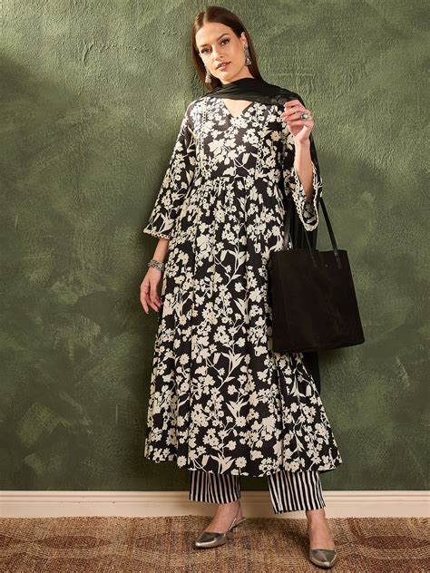Buy Women Black & White Floral Gathered Kurta Set with Dupatta Online ...