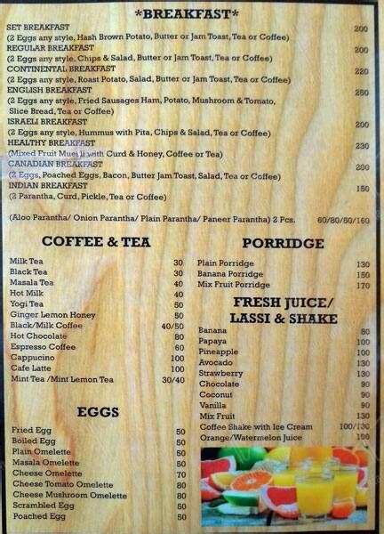 Menu at Rumout's Café, Manali