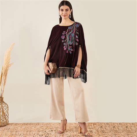 Brown Floral Sequinned Velvet Poncho – First Resort by Ramola Bachchan