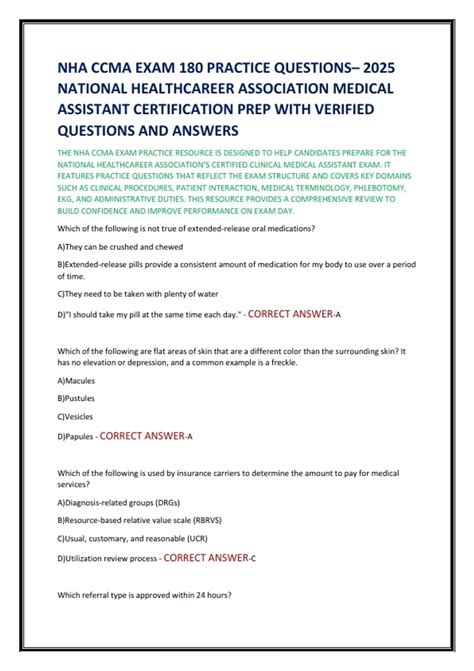 NHA CCMA EXAM 180 PRACTICE QUESTIONS– 2025 NATIONAL HEALTHCAREER ...