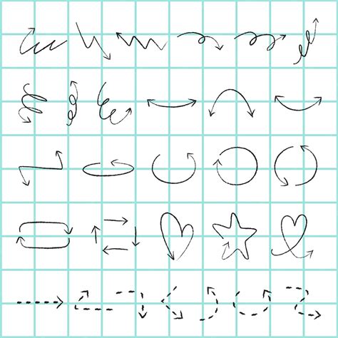 Collection of handdrawn arrows and symbols on a grid includes spirals ...
