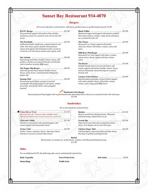 Menu at Sunset Bay Restaurant, Irving, 954 Main Rd