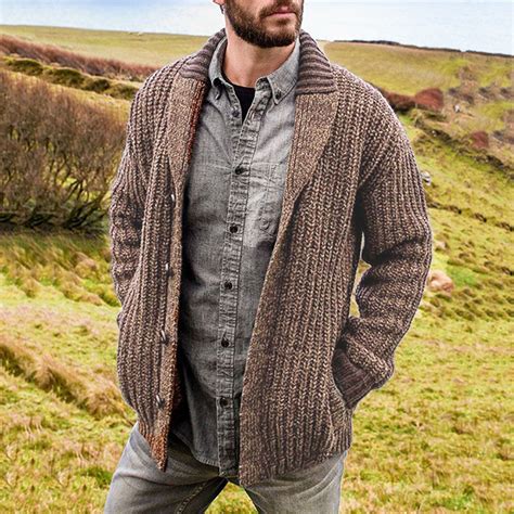 Mens Cable Knit Cardigan Sweater Shawl Collar Loose Fit Long Sleeve ...