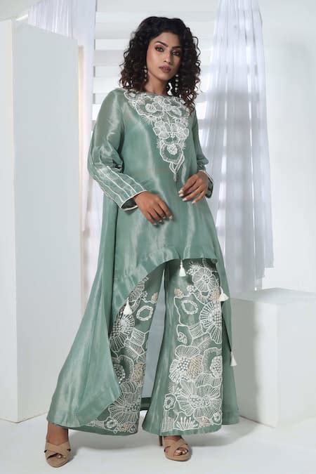 Buy Green Tissue Embroidery Boat Neck Floral Asymmetric Kurta With Pant ...