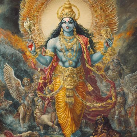 A detailed painting of the Hindu deity Vishnu with multiple arms and a ...