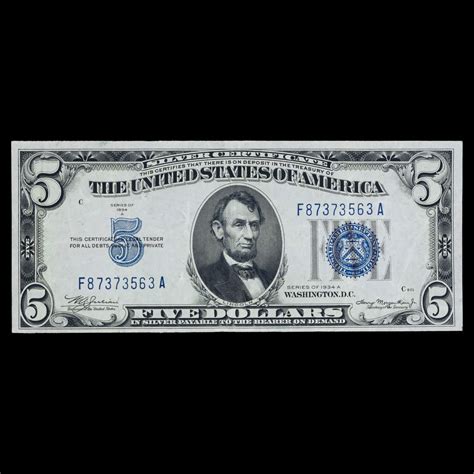 1934a Blue Seal $5 Dollar Bill Silver Certificate Auction