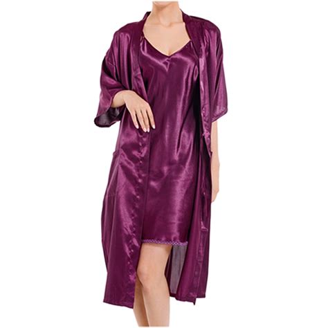 Besolor 2 Piece Pajama Set Women Satin Nightgowns and Robe Set Silk ...