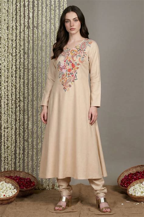 Buy Beige Ebroidered Acrylic Blend A-line Kurta with Trouser Set for ...