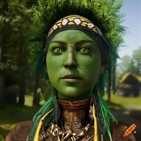 Portrait of green-haired, light green-skinned woman in a tribal outfit ...