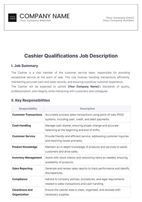 Free Cashier Qualifications Job Description Template - Edit Online & Download | Template.net