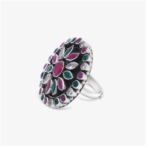 Oxidized Multicolor Floral Silver Ring