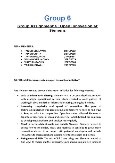Sec F A6 Group Assignment 6: Open Innovation at Siemens - Studocu