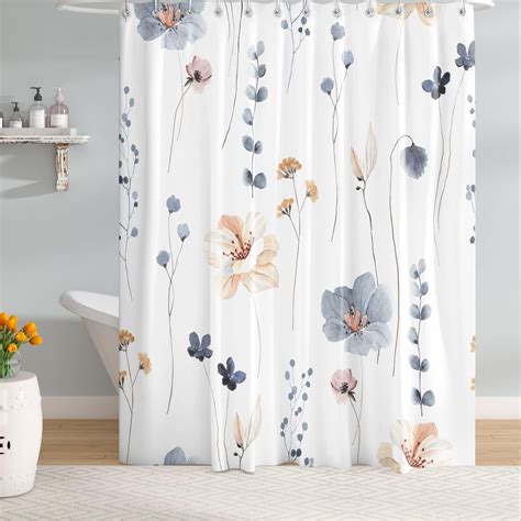 Extra Long Blue Vintage Floral Shower Curtain 72 x 84 Inch, Botanical ...