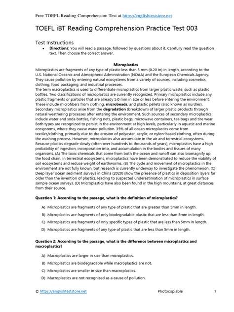 TOEFL iBT Reading Comprehension Practice Test 003 | PDF | Nature ...