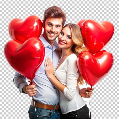 A couple holding red hearts and smiling on transparent background ...