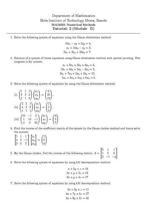 MA24201 Numerical Methods Tutorial 2: Solving Systems of Equations ...