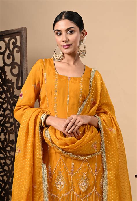 Turmeric Yellow Kurta Set with Zardozi, Dabka, Sequin, and Thread Work ...