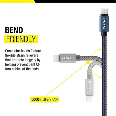 2.4A Micro USB Fast Charge and sync Data Transfer Cable 1 Meter Denim ...
