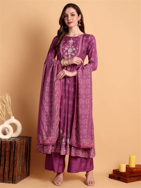 Purple Floral Printed Anarkali Kurta Set – Elegant Ethnic Kurta Set – CLOHI