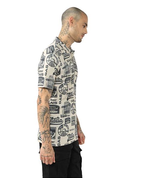 Italian Travel Stamp Printed Cotton Regular Fit Polo Tshirt