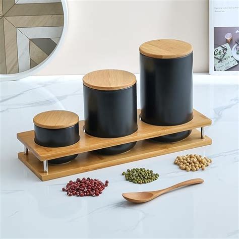 Buy Mush Ceramic Jars Set with Bamboo Lid and Stand | Kitchen Organizer ...